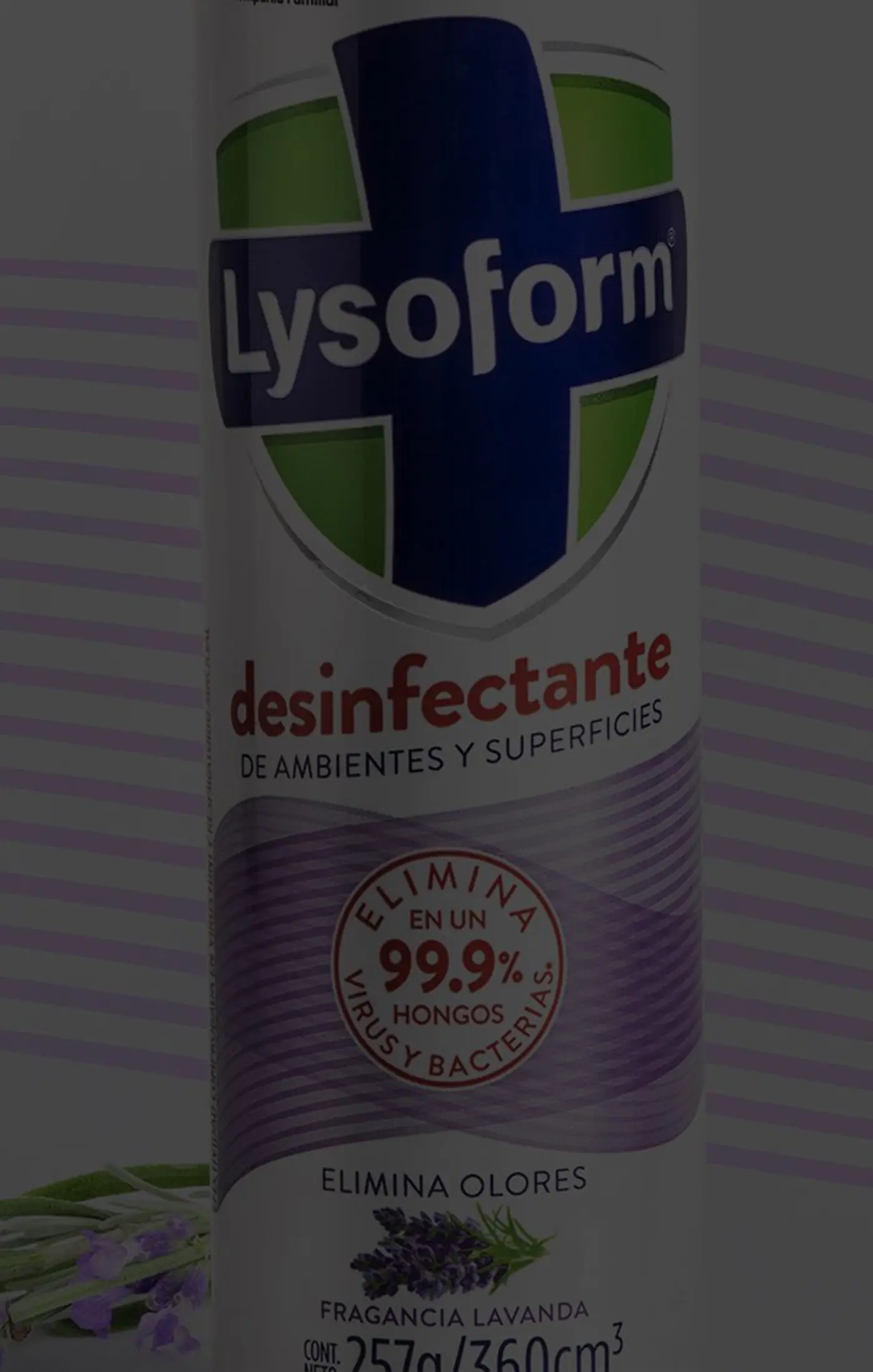 A can of Lysoform disinfectant with a lavender fragrance is featured. The label highlights that it eliminates 99.9% of bacteria, set against a subtle lavender background.