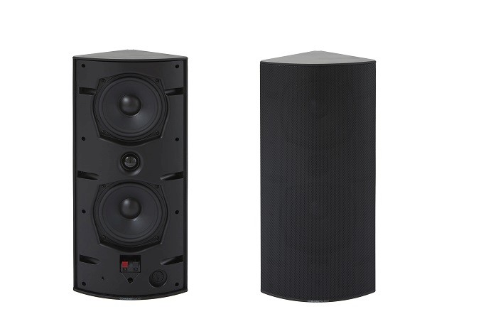 Two black corner speakers, one front view, one side
