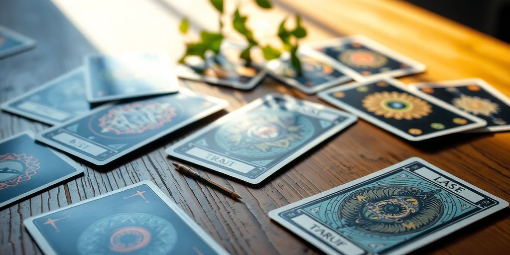 Tarot cards on a wooden table with natural lighting.