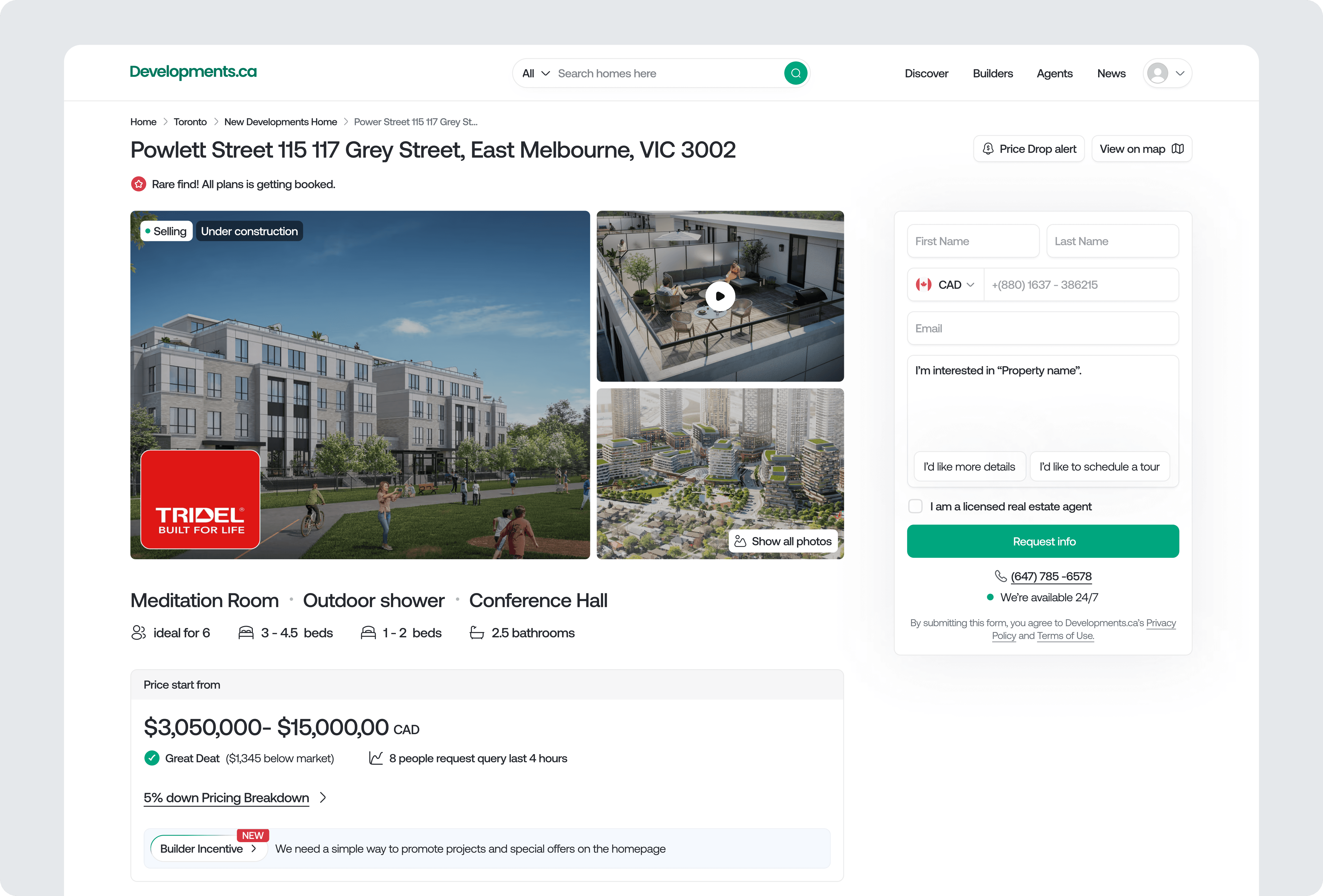 Listing details page featuring property gallery, pricing range, amenities, inquiry form, floor plan access, and project status for a pre-construction development.