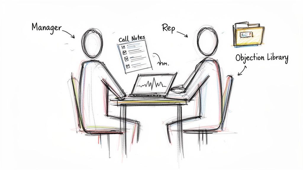 A sketch shows a manager coaching a rep using call notes and an objection library.