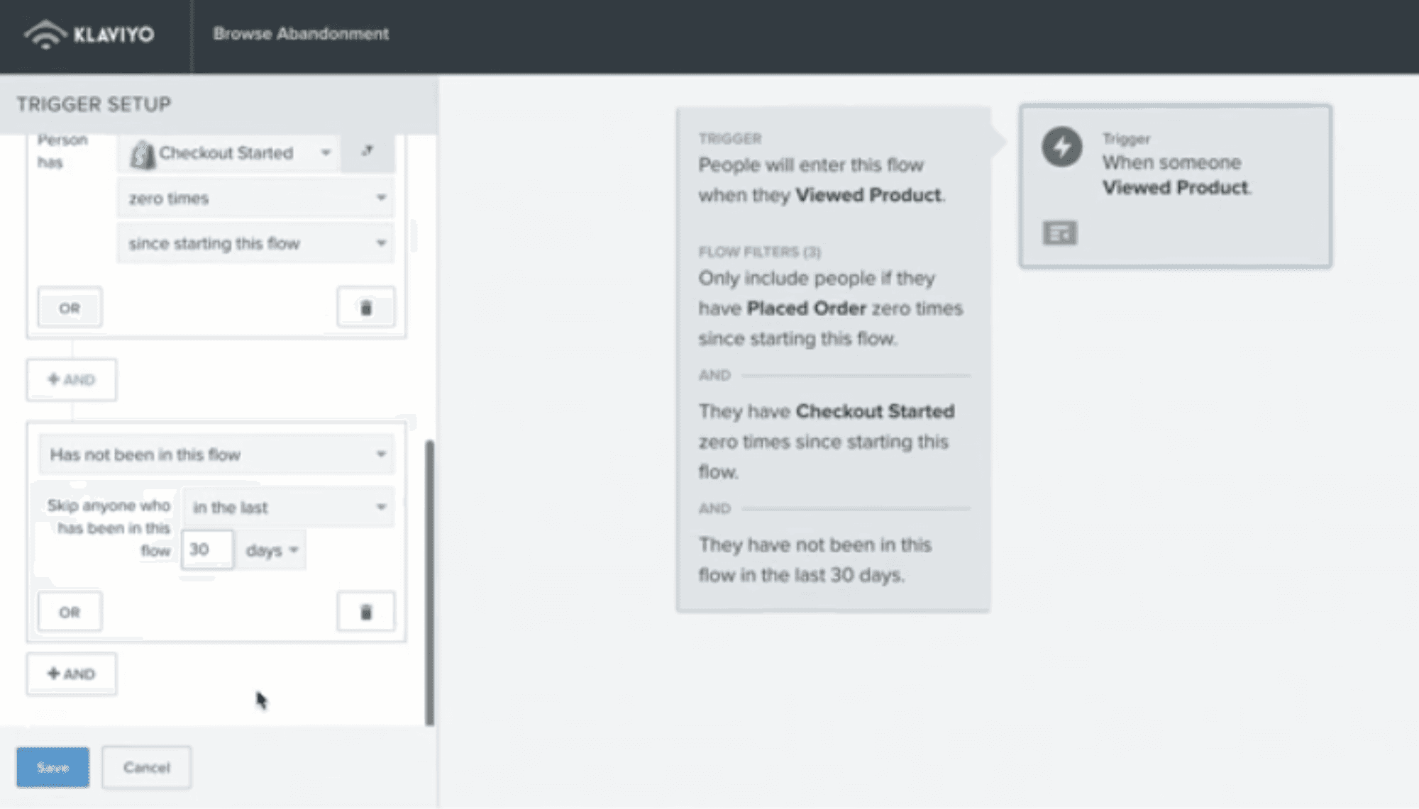 Klaviyo browse abandonment flow setup showing triggers for Viewed Product, filters for checkout or purchase status, and segmentation to exclude recent activity.