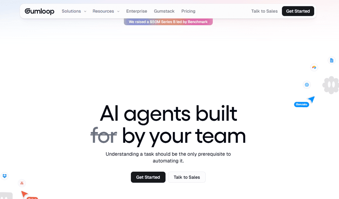 Gumloop home page built around a drag-and-drop canvas for AI workflows