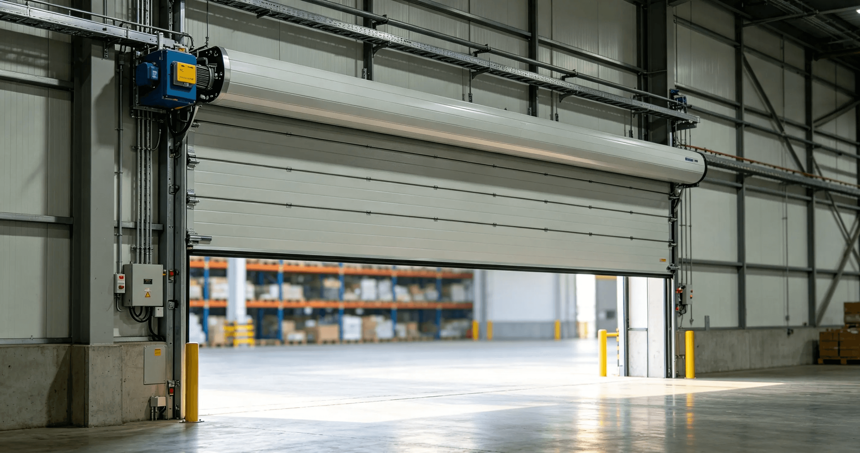 Industrial door motor system installed on a large automated warehouse door
