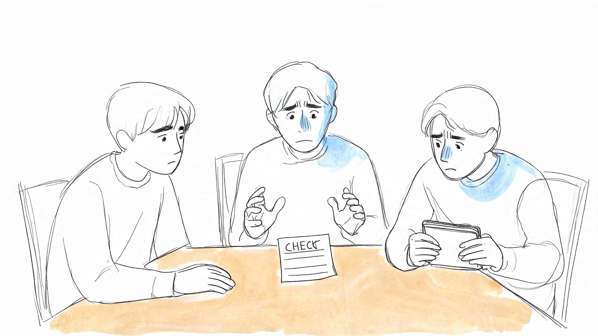 Three young men sitting at a table appearing concerned while looking at a restaurant bill.