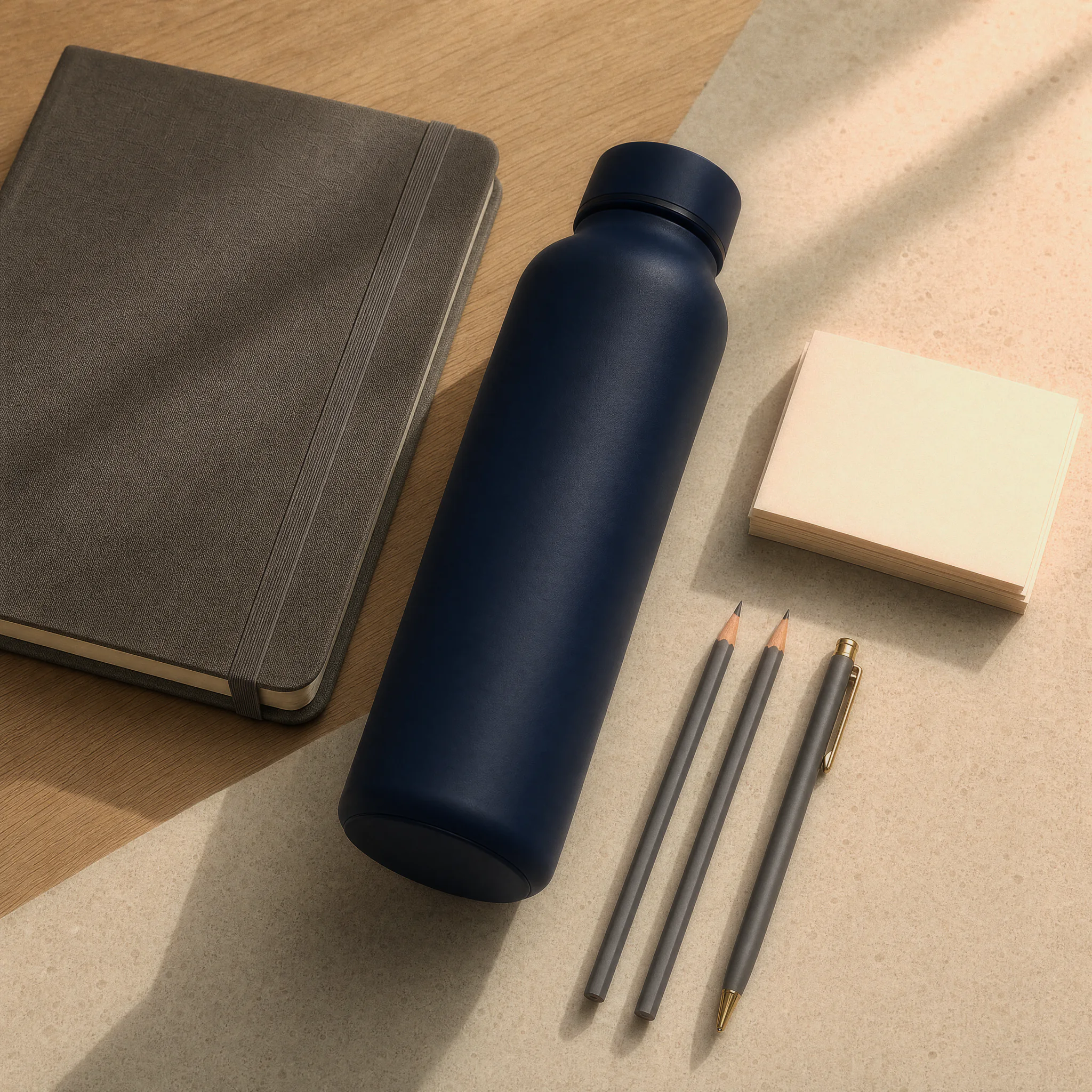 Corporate gift set with a navy water bottle, charcoal notebook, pencils, pen and note cards.