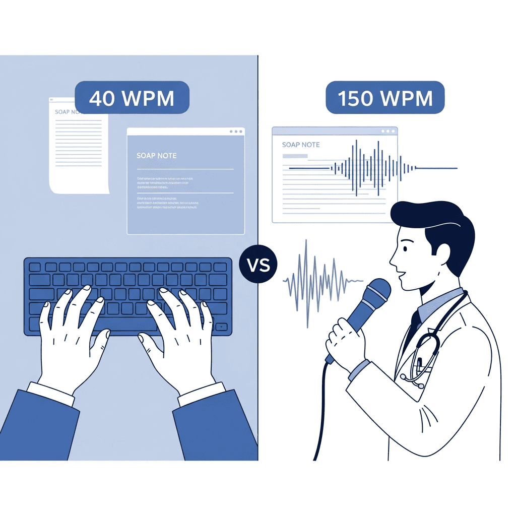 A professional medical illustration showing the speed comparison between typing and voice dictation for clinical documentation. Split-screen composition: left side shows hands typing on a keyboard with "40 WPM" displayed, right side shows a physician speaking into a microphone with "150 WPM" displayed and voice waveforms. Clean, modern healthcare aesthetic with blue and white color scheme. Include subtle SOAP note text appearing on screens in the background. Minimalist, infographic style.