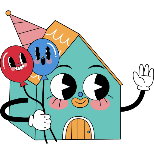 House holding balloons character 