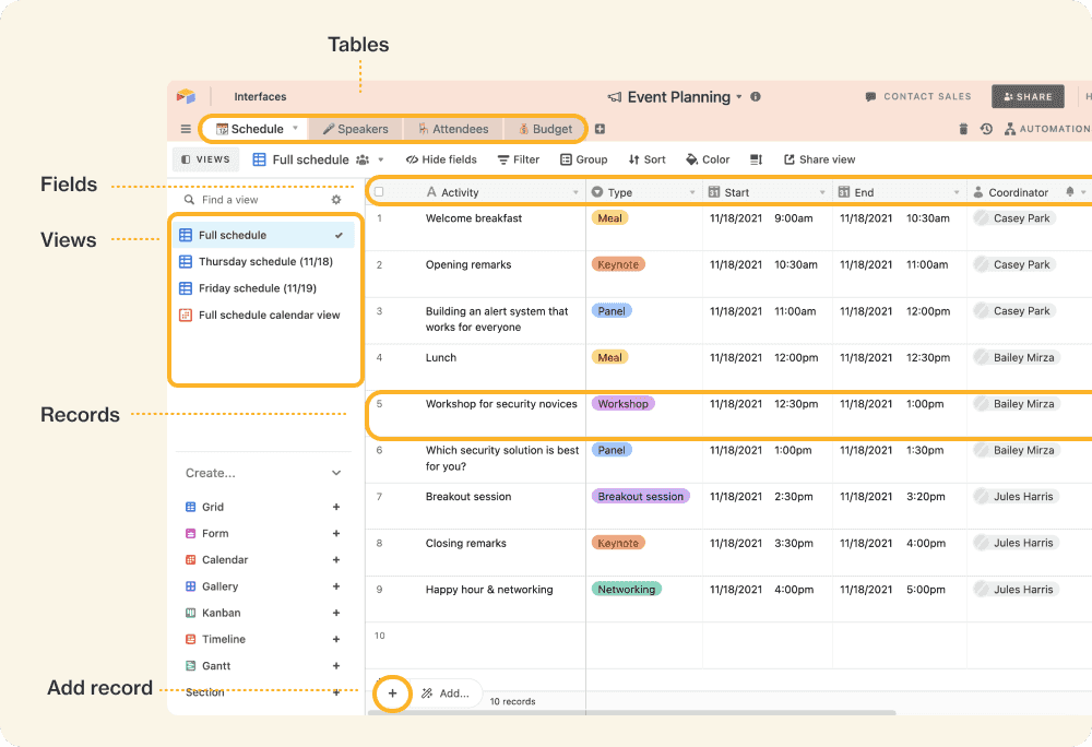 An image showcasing parts of Airtable’s interface