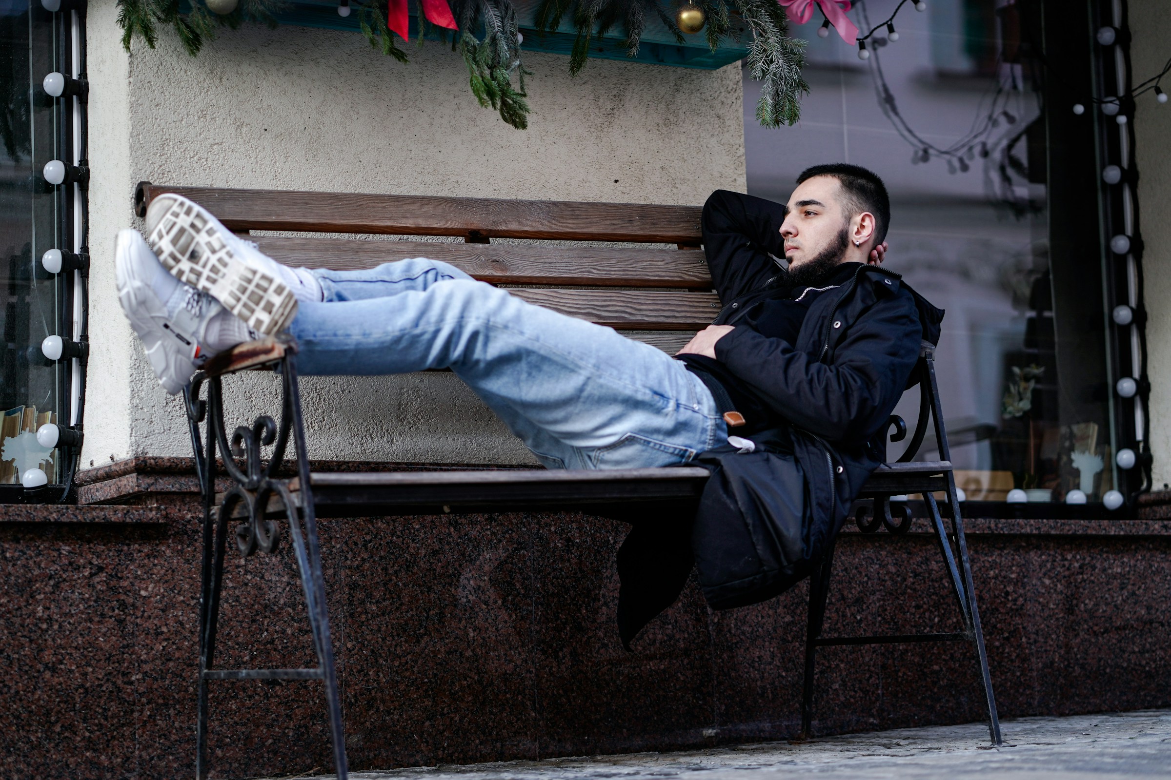 man on a bench - Blue Used in Fashion