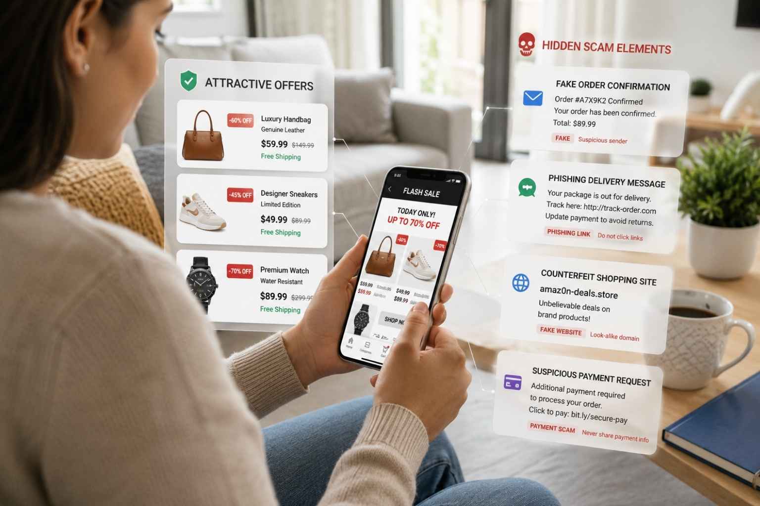 Person browsing a luxury shopping website on a smartphone while hidden scam indicators appear around the screen, including fake order confirmations, phishing delivery messages, counterfeit shopping websites, suspicious payment requests, and misleading discount offers