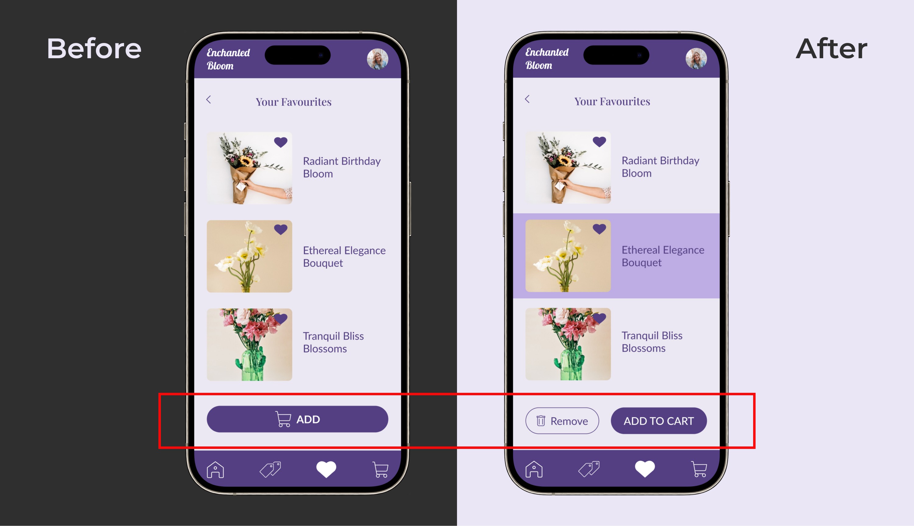 A UI comparison of the favorites screen, highlighting the addition of a remove button next to saved items.