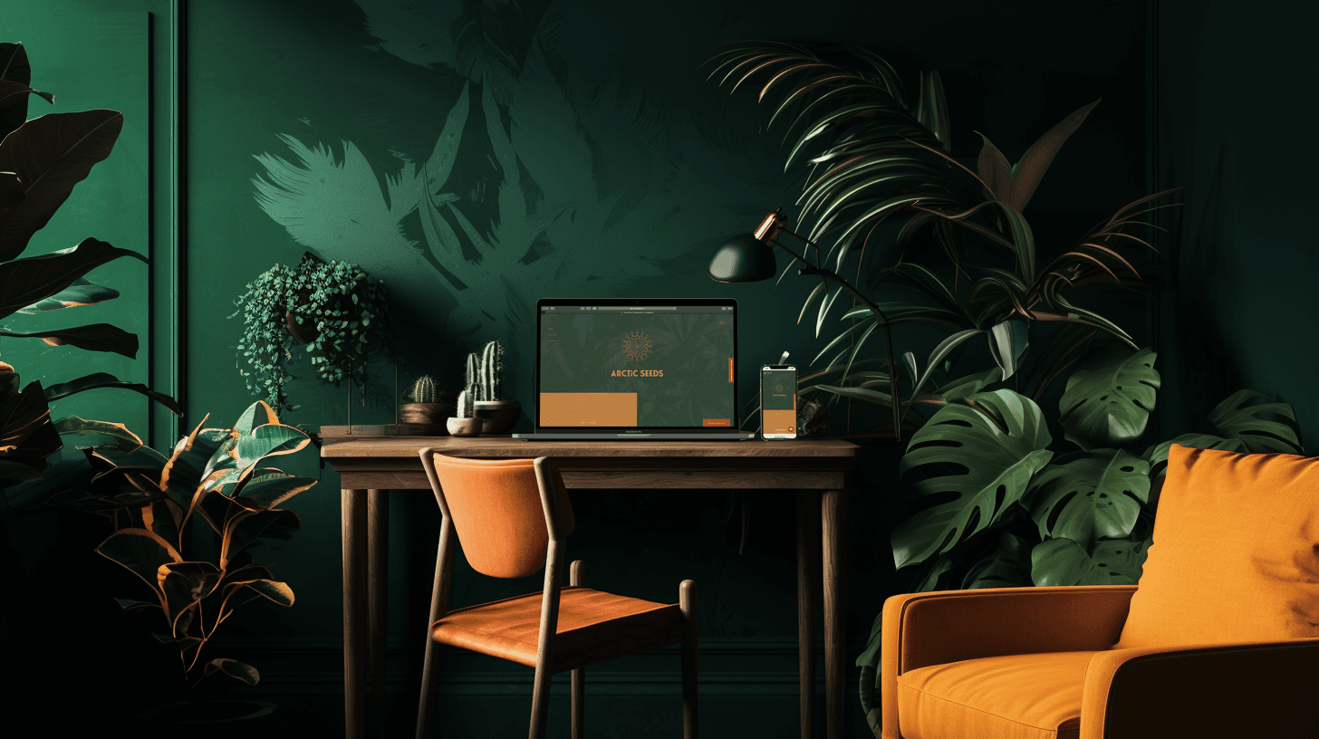 Web Design display on MacBook and iPhone  inside a boho office