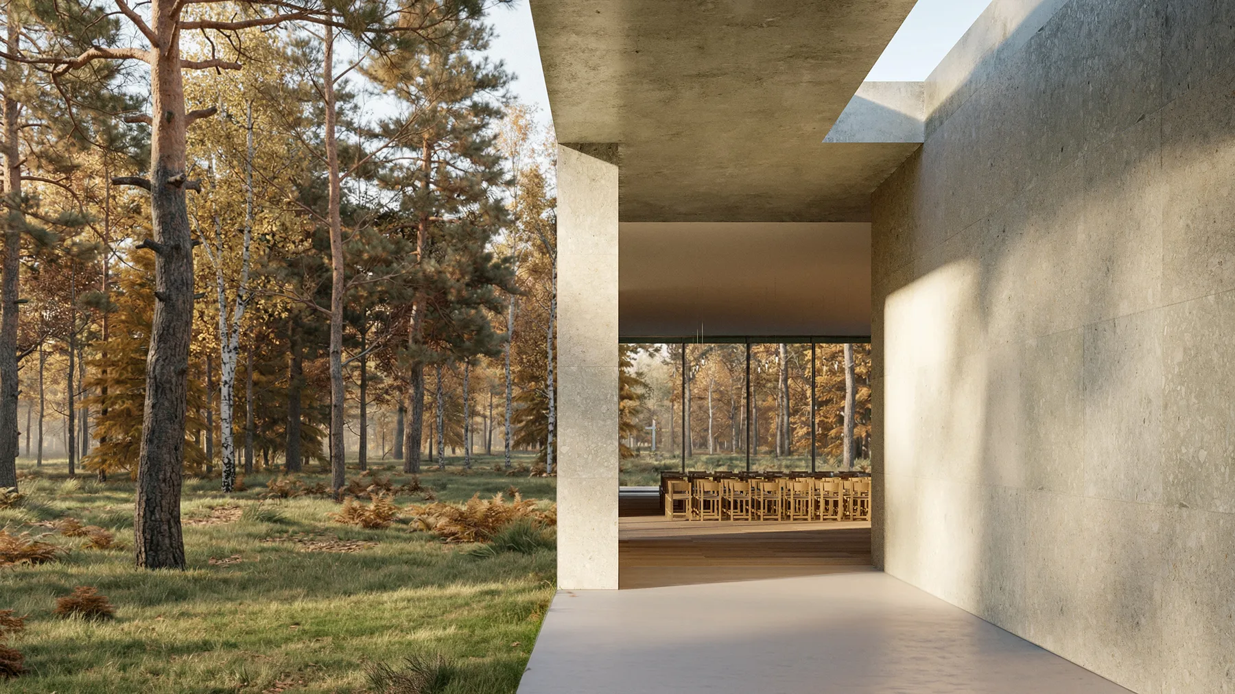 Interior with timber-clad walls and natural light — memorial pavilion visualization