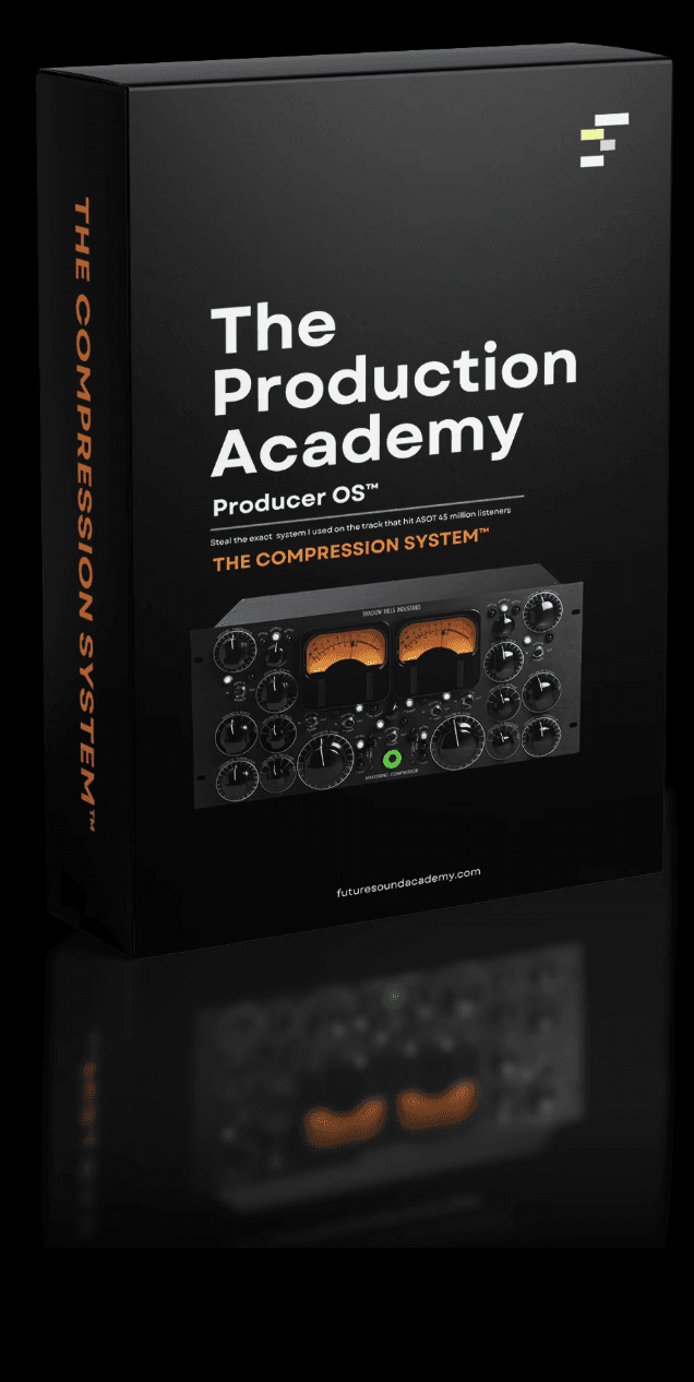 A product box titled "The Production Academy" displayed with a reflective surface beneath it.