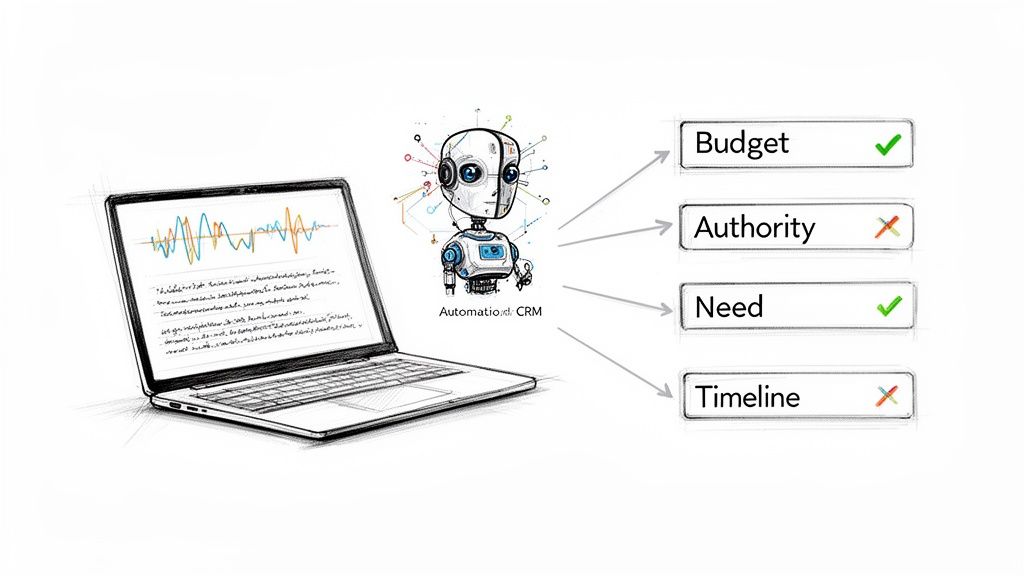 An AI CRM robot evaluates sales leads using BANT criteria: Budget, Authority, Need, Timeline.