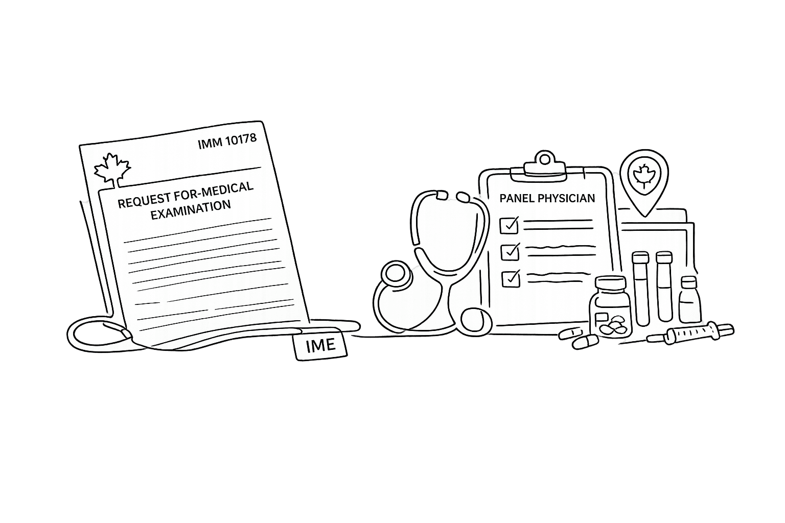 Continuous contour line illustration on a transparent background showing a document labeled “REQUEST FOR MEDICAL EXAMINATION” flowing into a stethoscope, checklist clipboard, and medical items representing a panel physician immigration medical and immigration exam process at GTA Immigration Physicians in Canada.