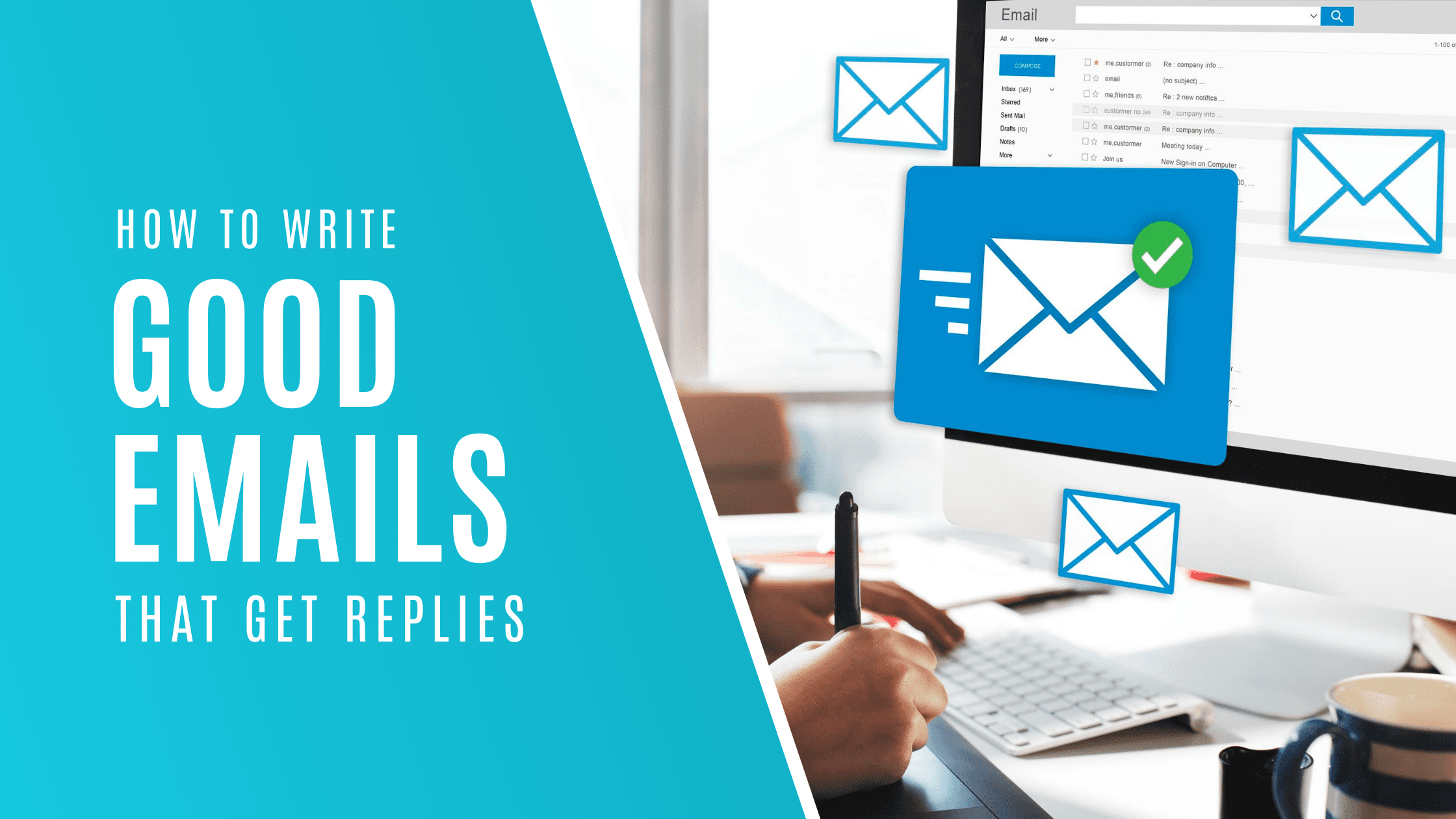 カバー画像、青い背景に白い文字で、返信を得るための良いメールの書き方。背景には、メールボックスが開いているコンピュータが見えます。キーワードは音声を文字起こし、音声認識ソフト、音声入力アプリ、音声テキスト化、音声認識エンジン、音声認識api、音声文字変換ソフトです。