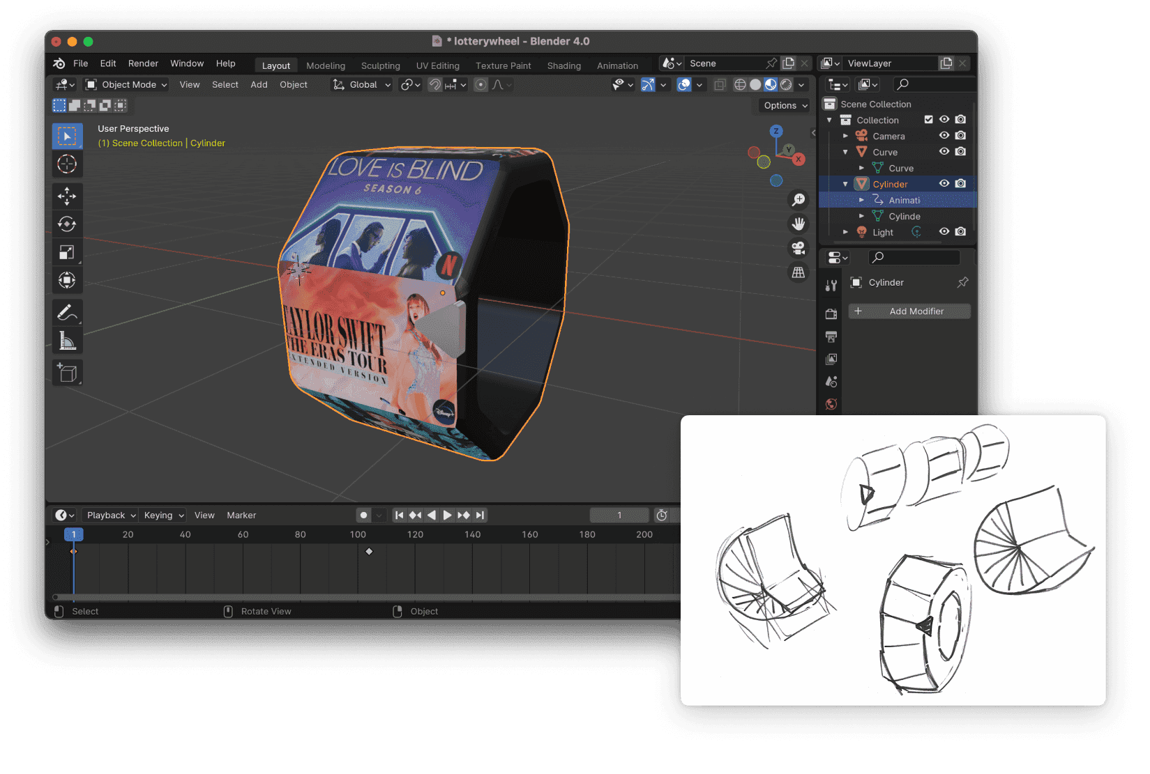 Screenshot of blender with 3D wheel and sketches