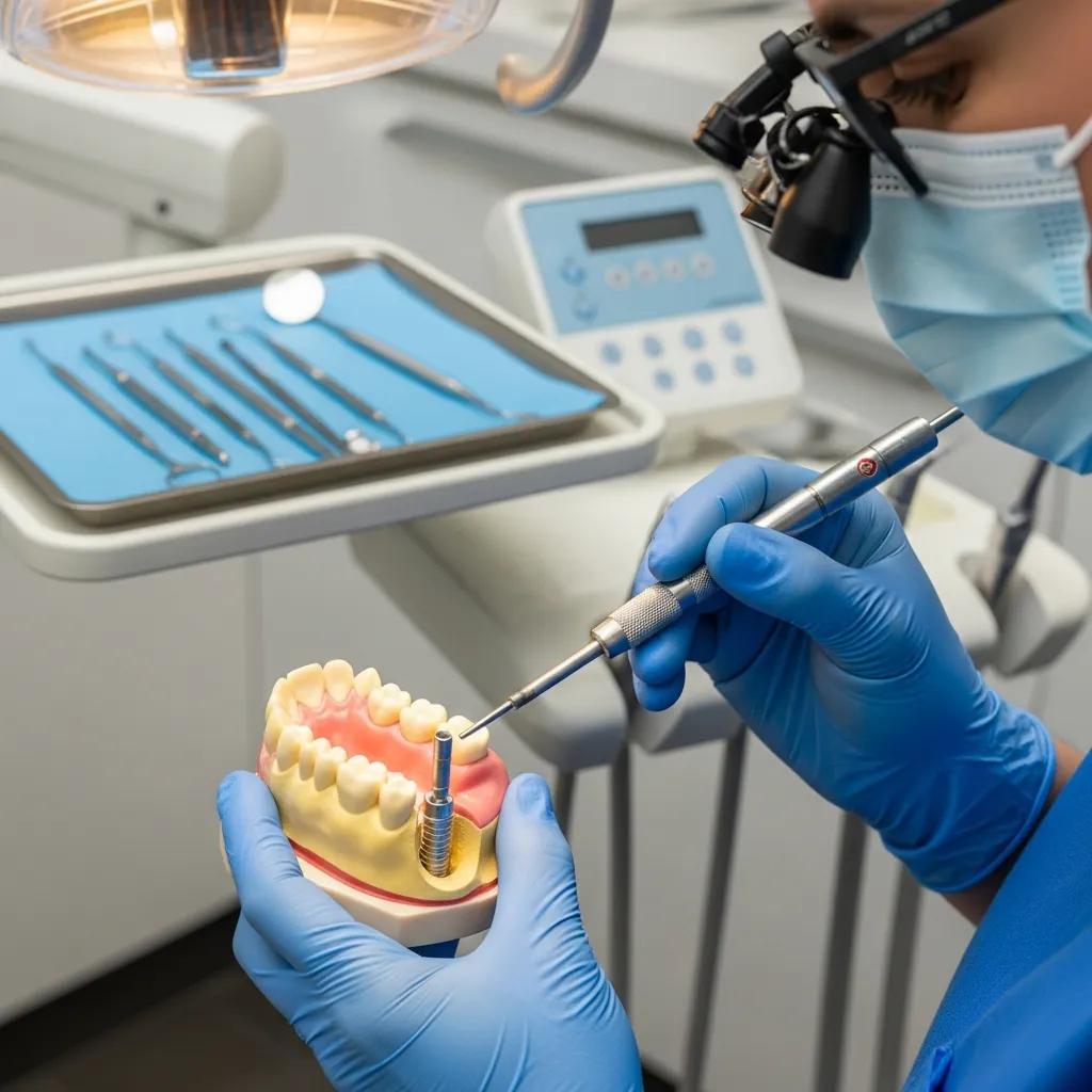 Dental professional performing an implant procedure with a model jawbone