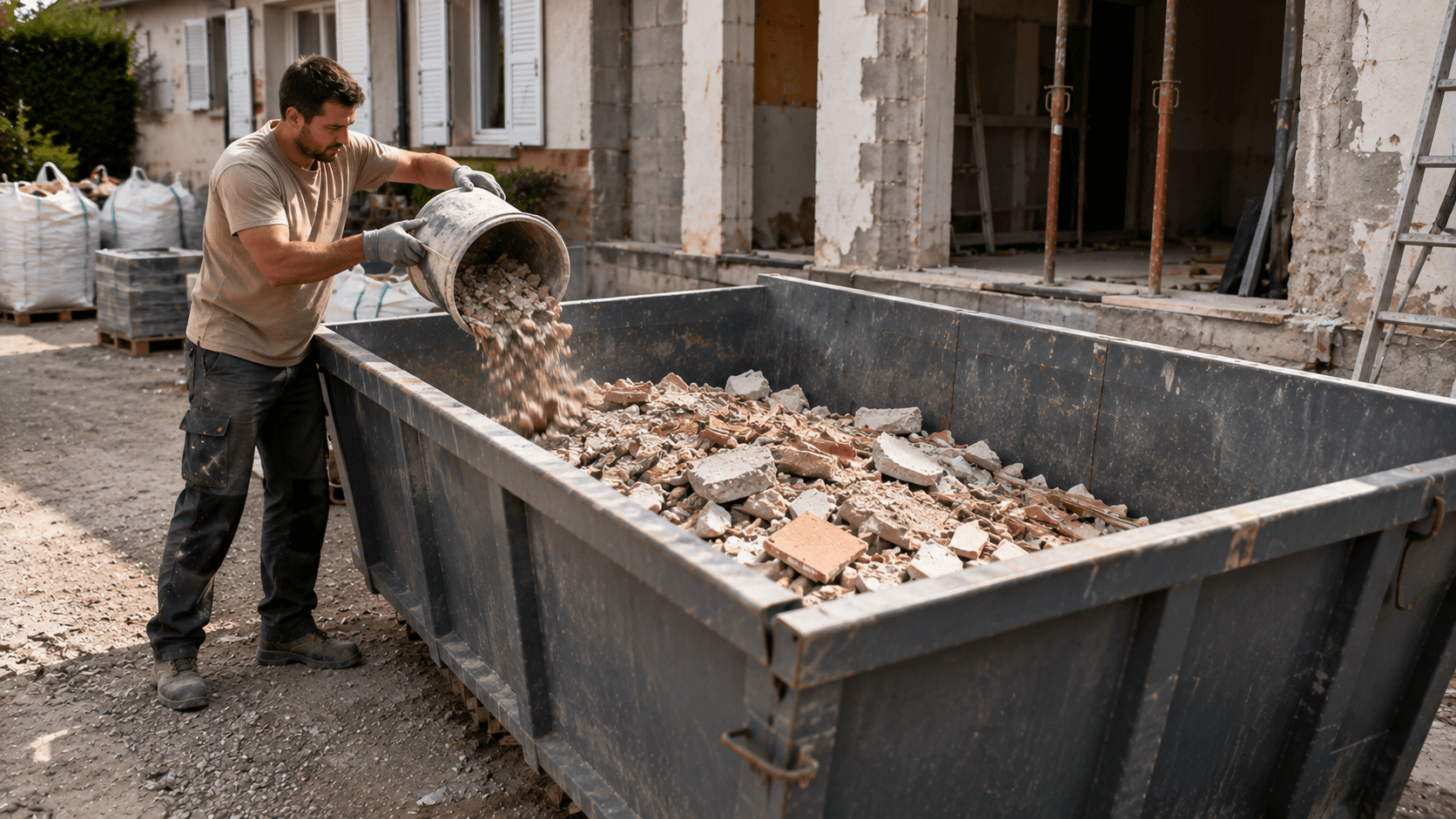 Chargement de gravats dans une benne de chantier