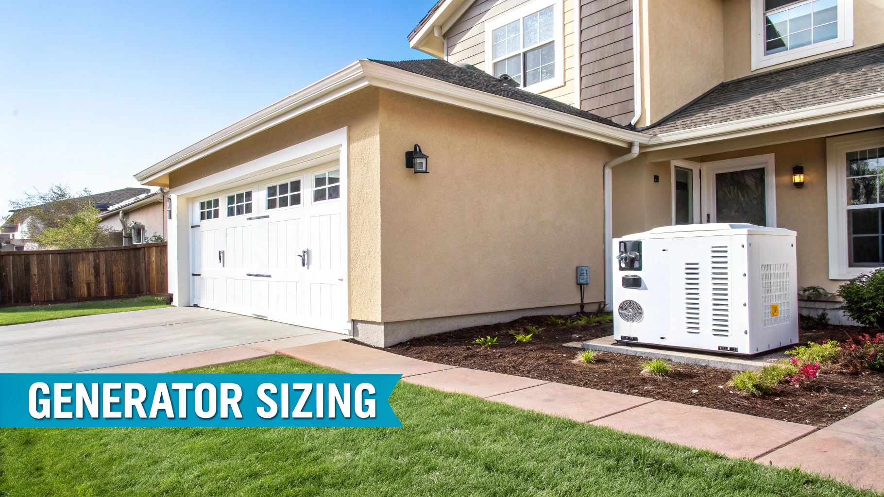 A large white standby generator unit is installed next to a residential house with a garage and green lawn.