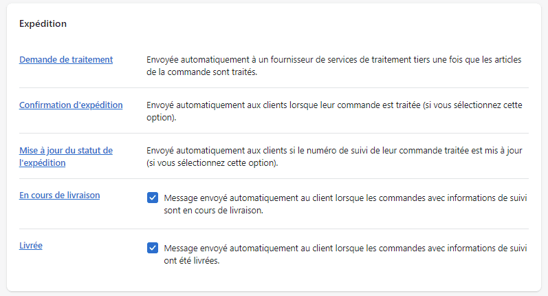 Réglages des notifications d’expédition et de livraison dans Shopify