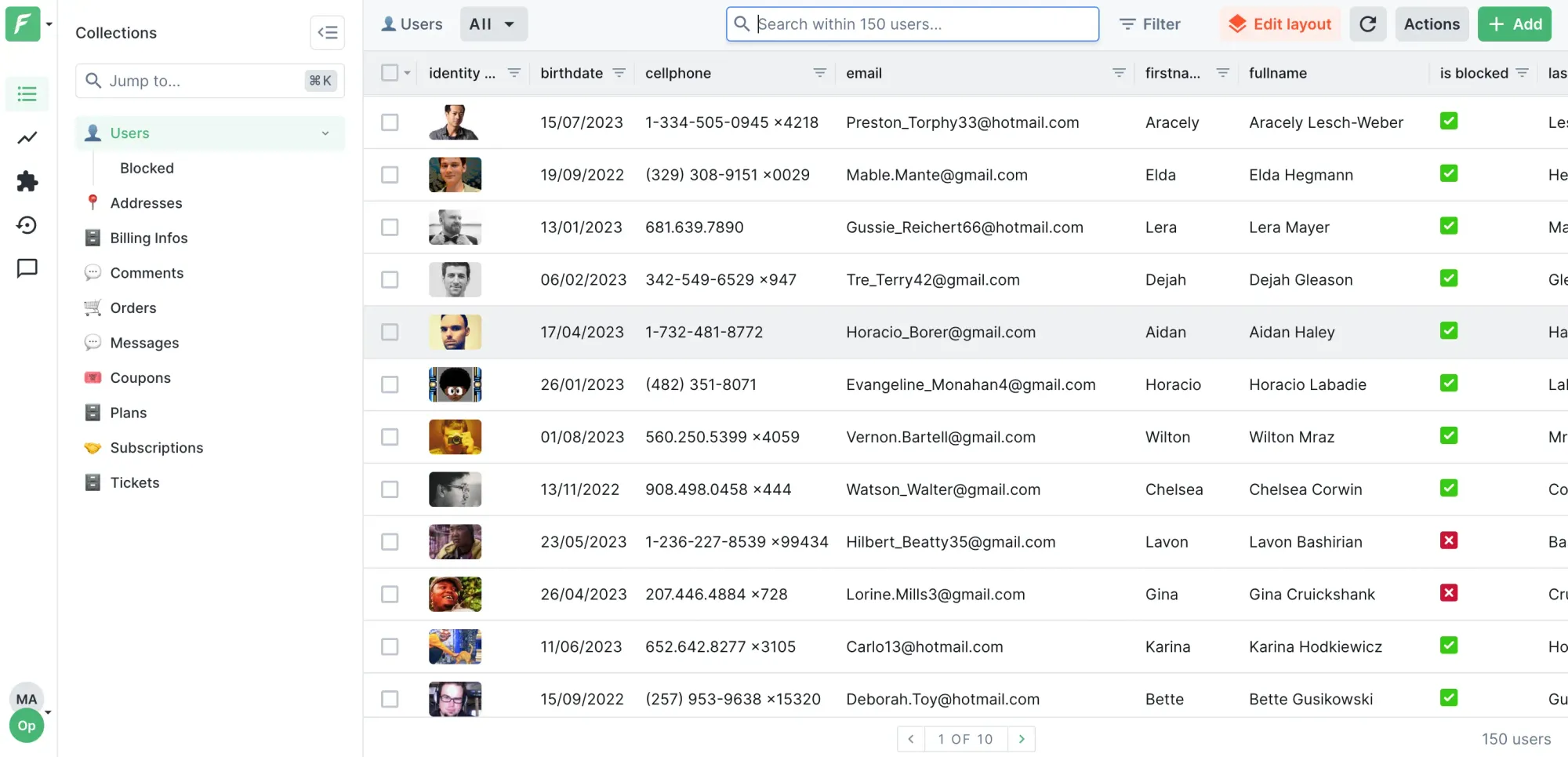 The Forest Admin interface showing a collection.