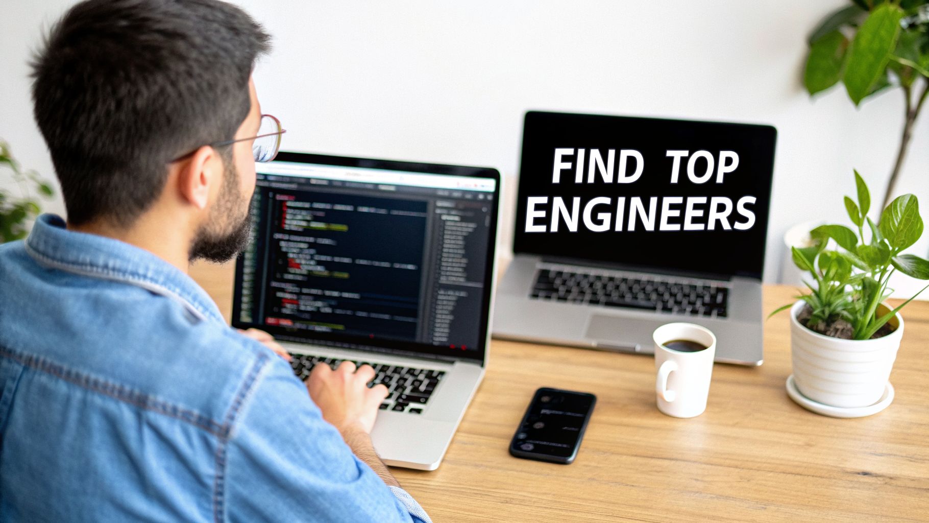 A developer codes on a laptop, next to another laptop displaying 'FIND TOP ENGINEERS'.