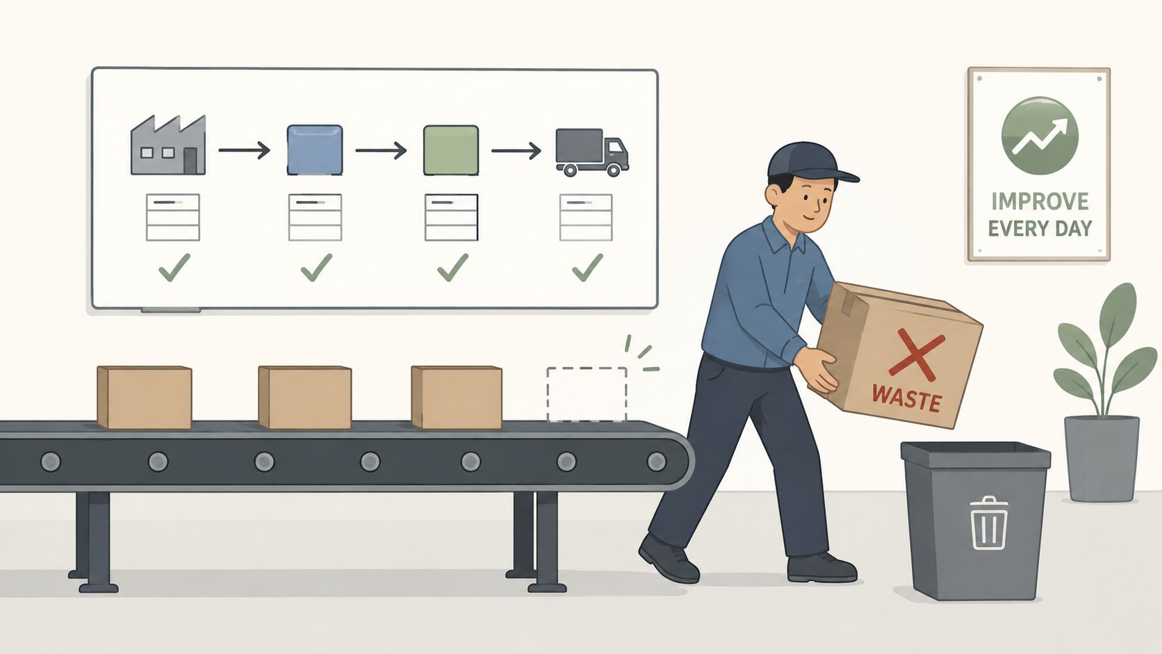 A warehouse worker removing waste from a conveyor belt in an optimized production flow illustration.