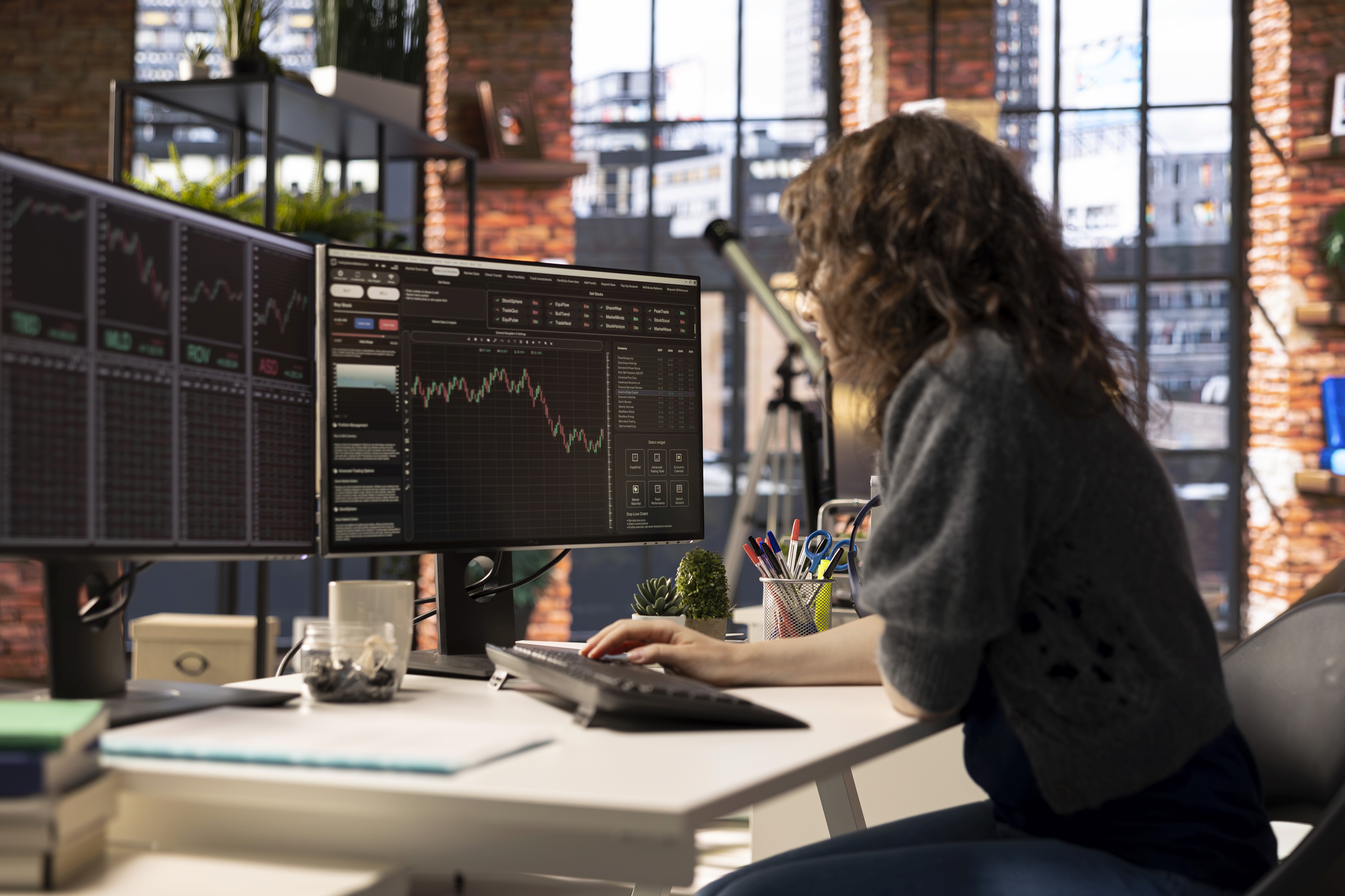 Mulher olhando para duas telas de computador com gráficos, indicando a bolsa de valores