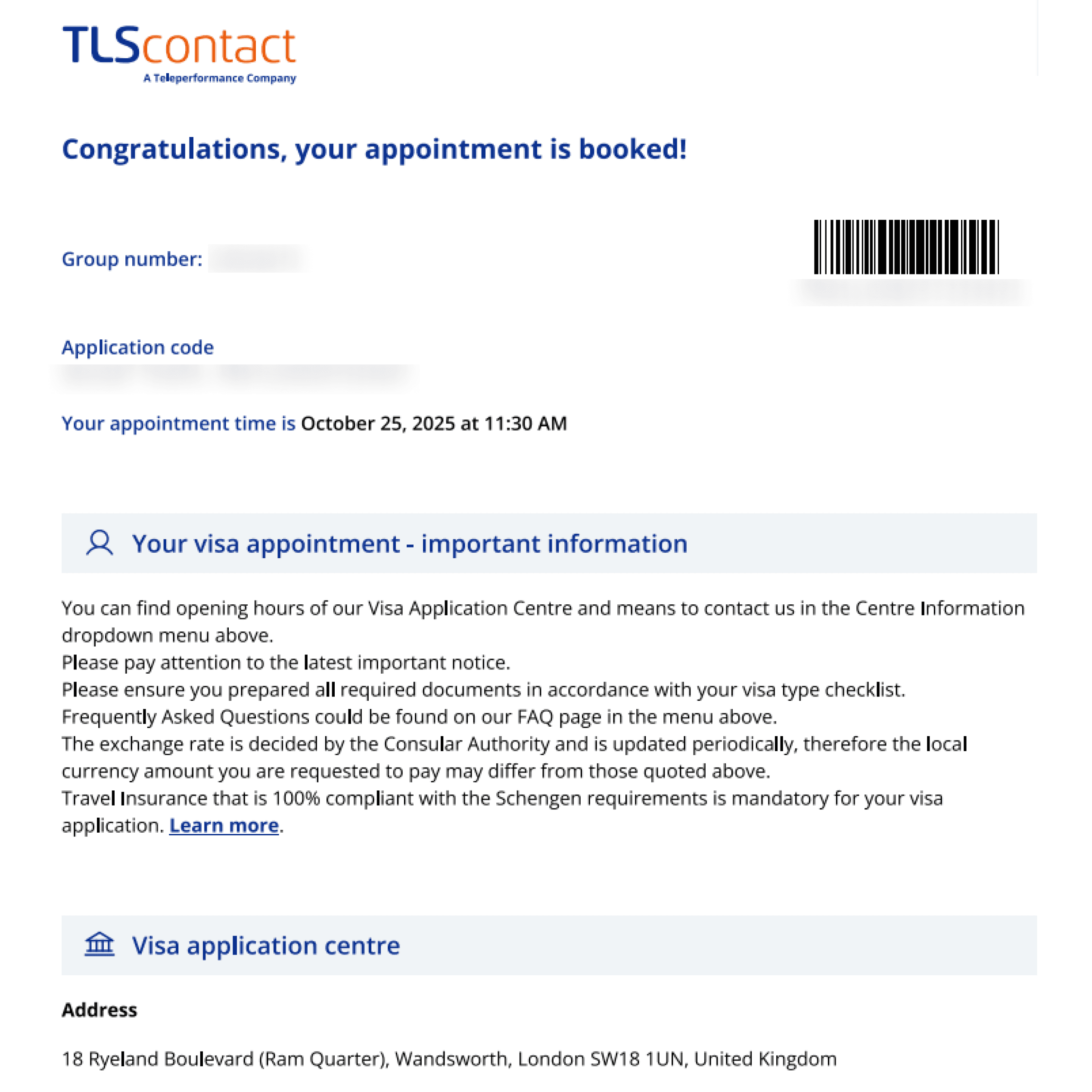 Example of a confirmed visa appointment booking