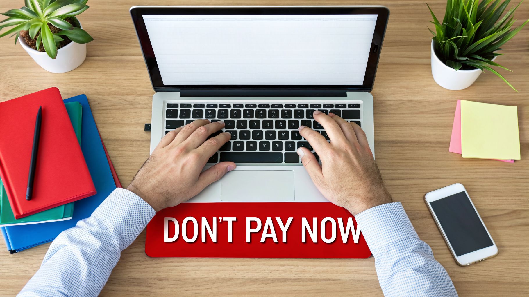 Overhead shot of hands typing on a laptop on a desk with 'DON'T PAY NOW' message.