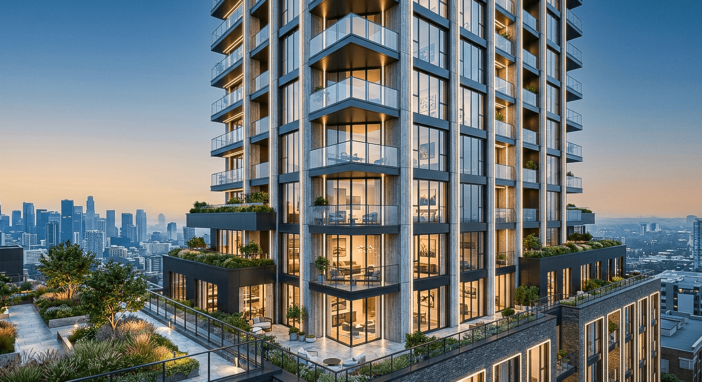 Modern apartment building balcony with city view