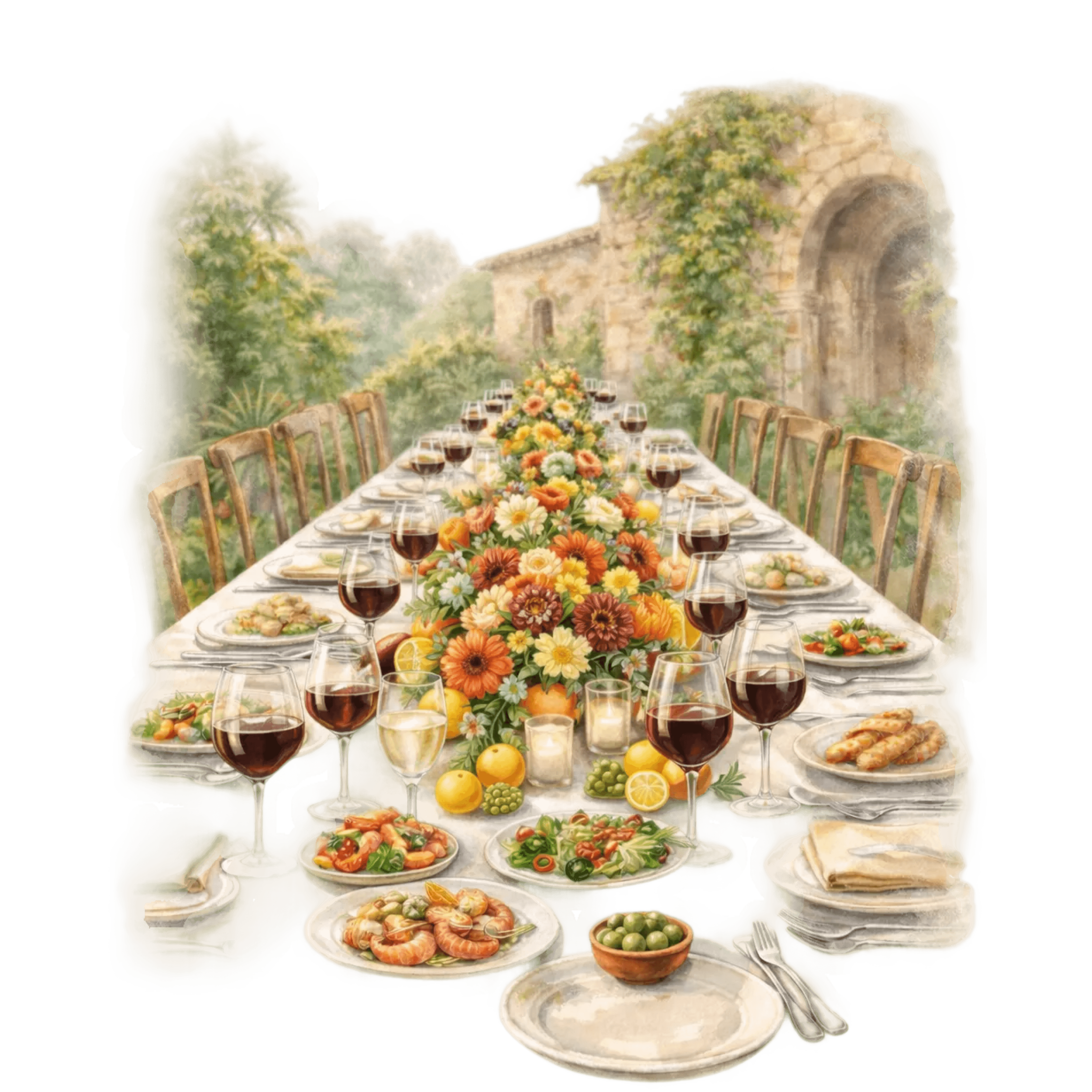 A rustic outdoor dining table set with wine glasses, cutlery, bread, and olives sits amidst lush vineyard rows, with a historic Tuscan villa in the background under a serene sky, capturing the essence of a picturesque Italian countryside landscape.