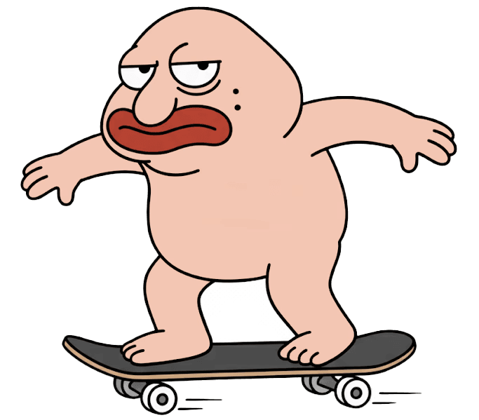 illustration of a shaped Blobbie on a skateboard