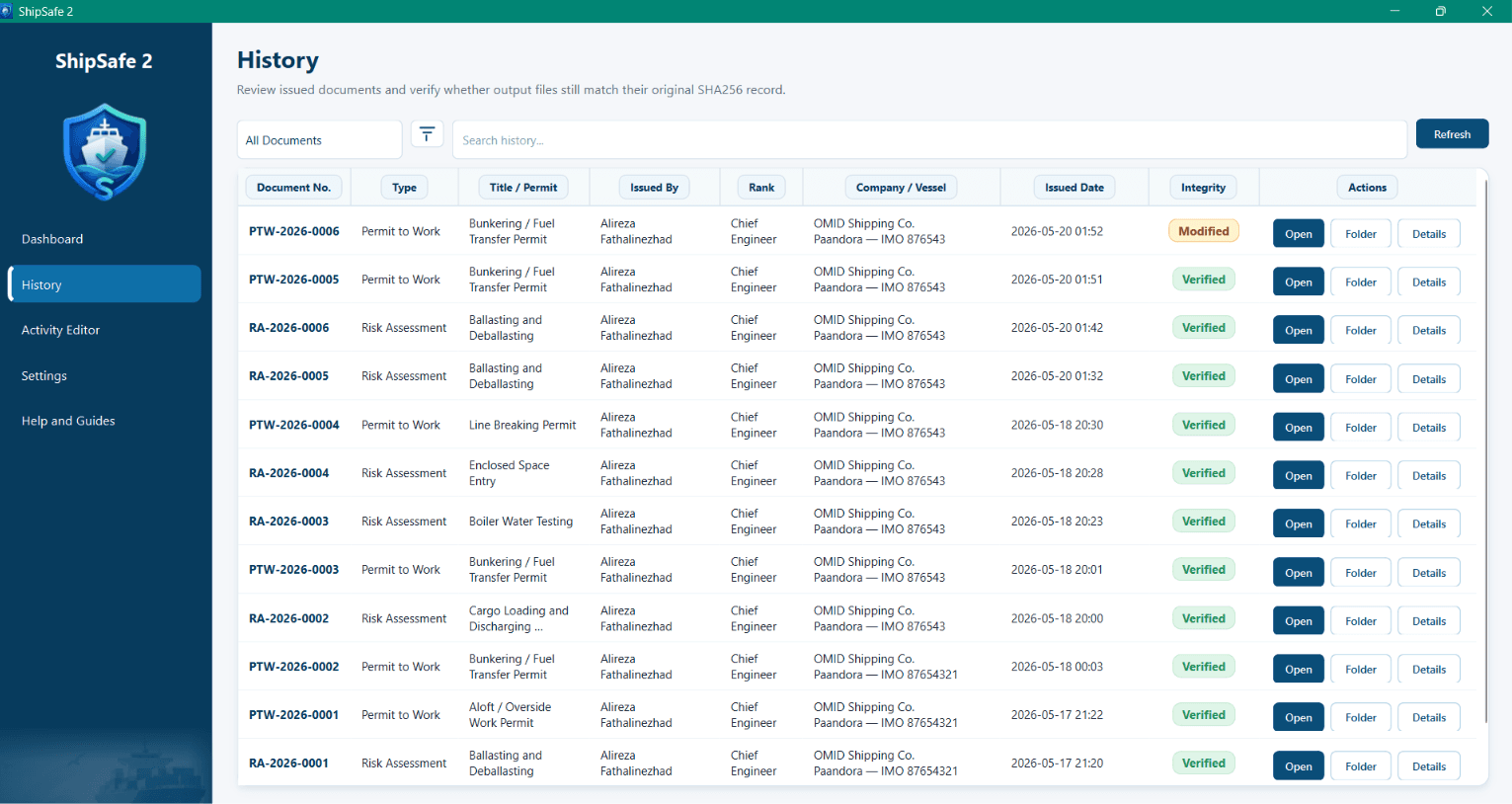 History & Integrity workflow screenshot