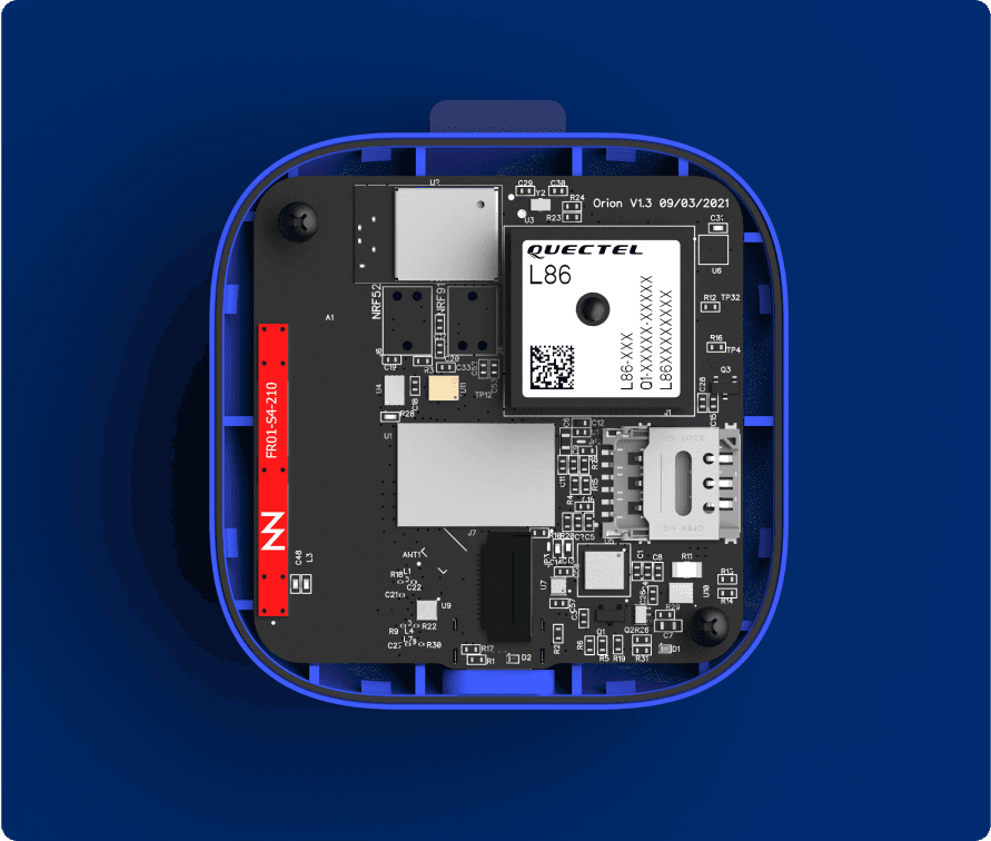 Close-up of a PCB (Printed Circuit Board) inside a larger anchor device, showcasing its intricate components and design for managing the device's functionality.