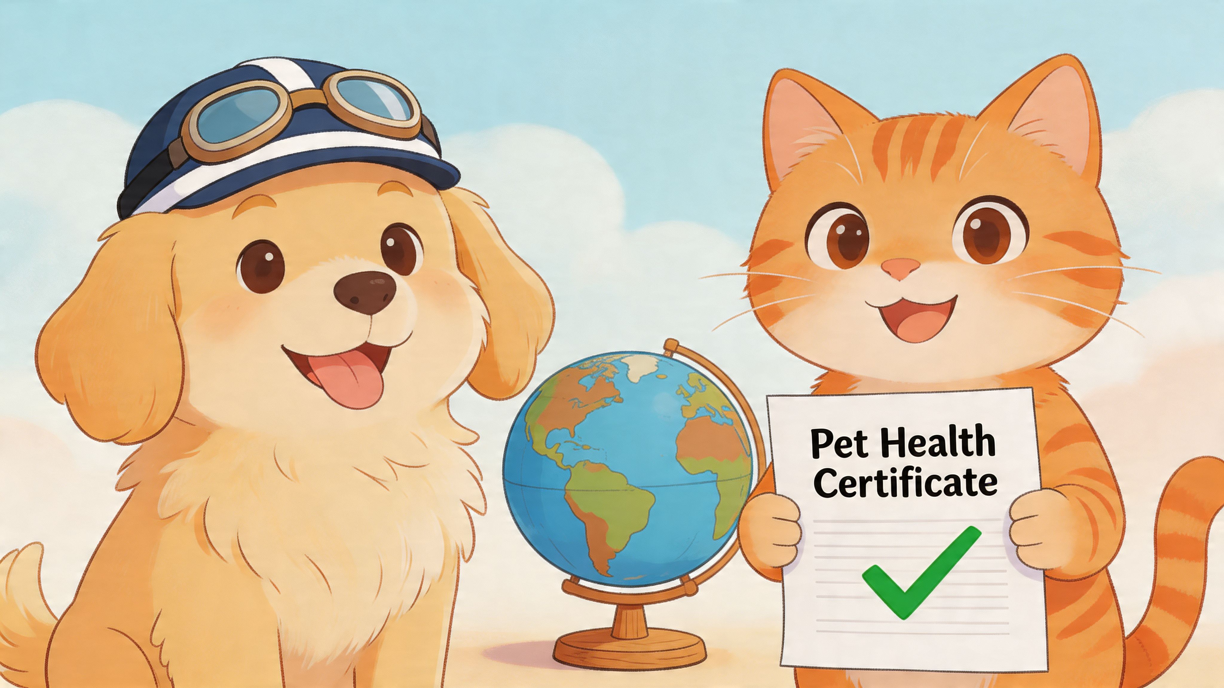 A cartoon golden retriever wearing aviator goggles and an orange tabby cat holding a pet health certificate.