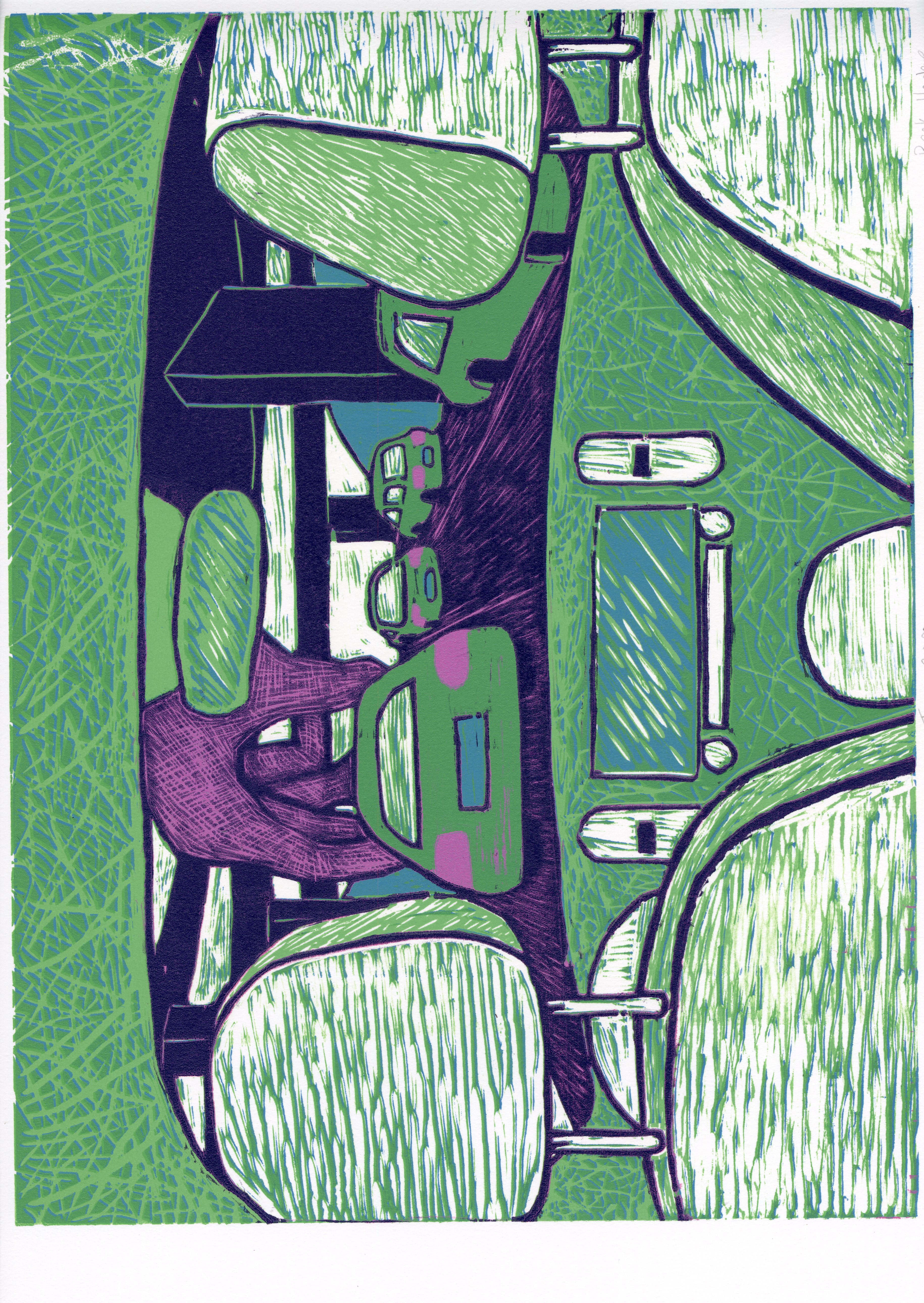 A relief print that shows the viewer perspective in the backseat of a car as a giant hand reaches through interconnected overpasses to grasp another vehicle.