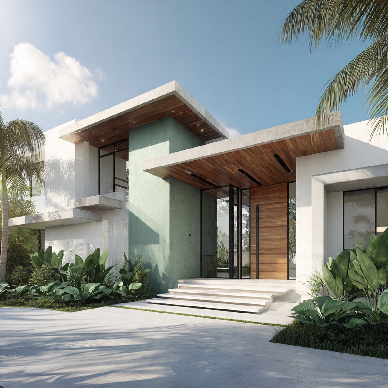 Modern two-story house with clean lines, large windows, and wood accents. Surrounded by lush greenery and palm trees, it conveys a serene, tropical vibe.