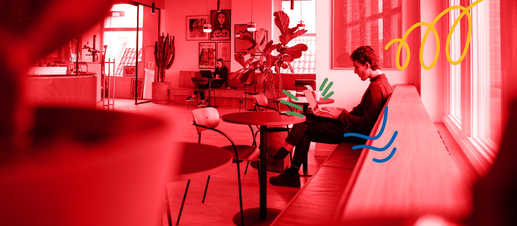 An image of a person sitting on a bench covered by a red gradient and squigly lines surrounding his head, laptop and back.