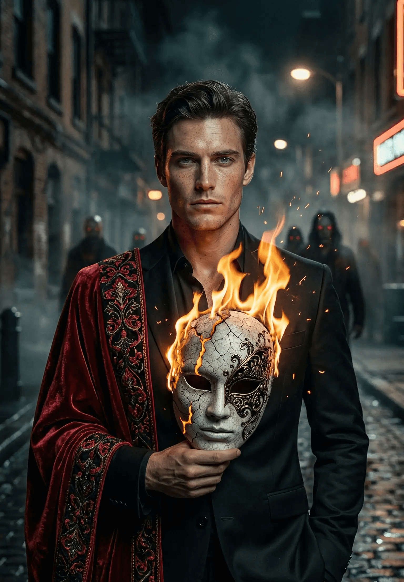 AI-generated cinematic concept art of a man in a suit and velvet cloak holding a burning masquerade mask in a dark, moody street. Created for the AI image generation library of Mahendra R.