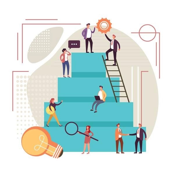 Illustration of professionals positioned on a multi-level pyramid engaging in activities like climbing ladders, analyzing data, and collaboratig.