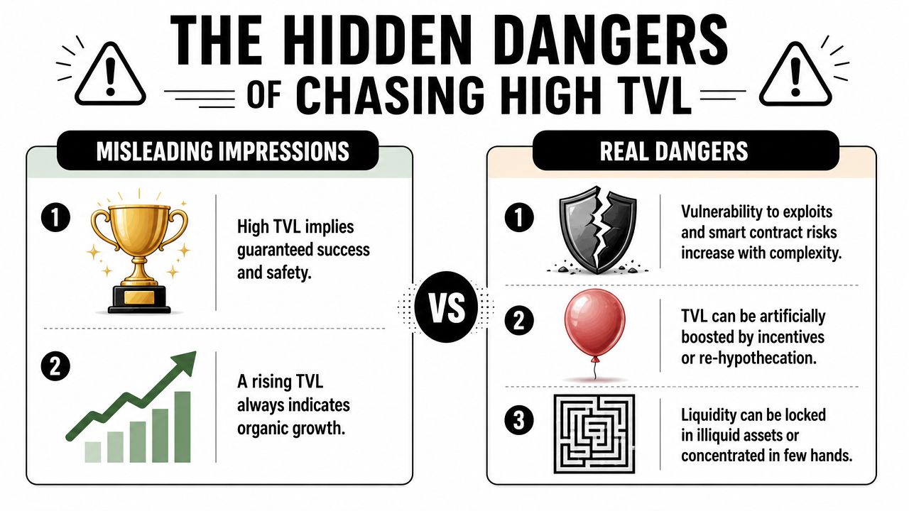 An infographic showing the hidden dangers of chasing high total value locked in decentralized finance projects.