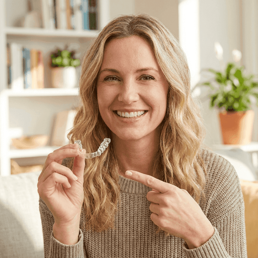 Invisalign in Dubai with a woman smiling confidently, holding her clear aligners, highlighting discreet and effective treatment.