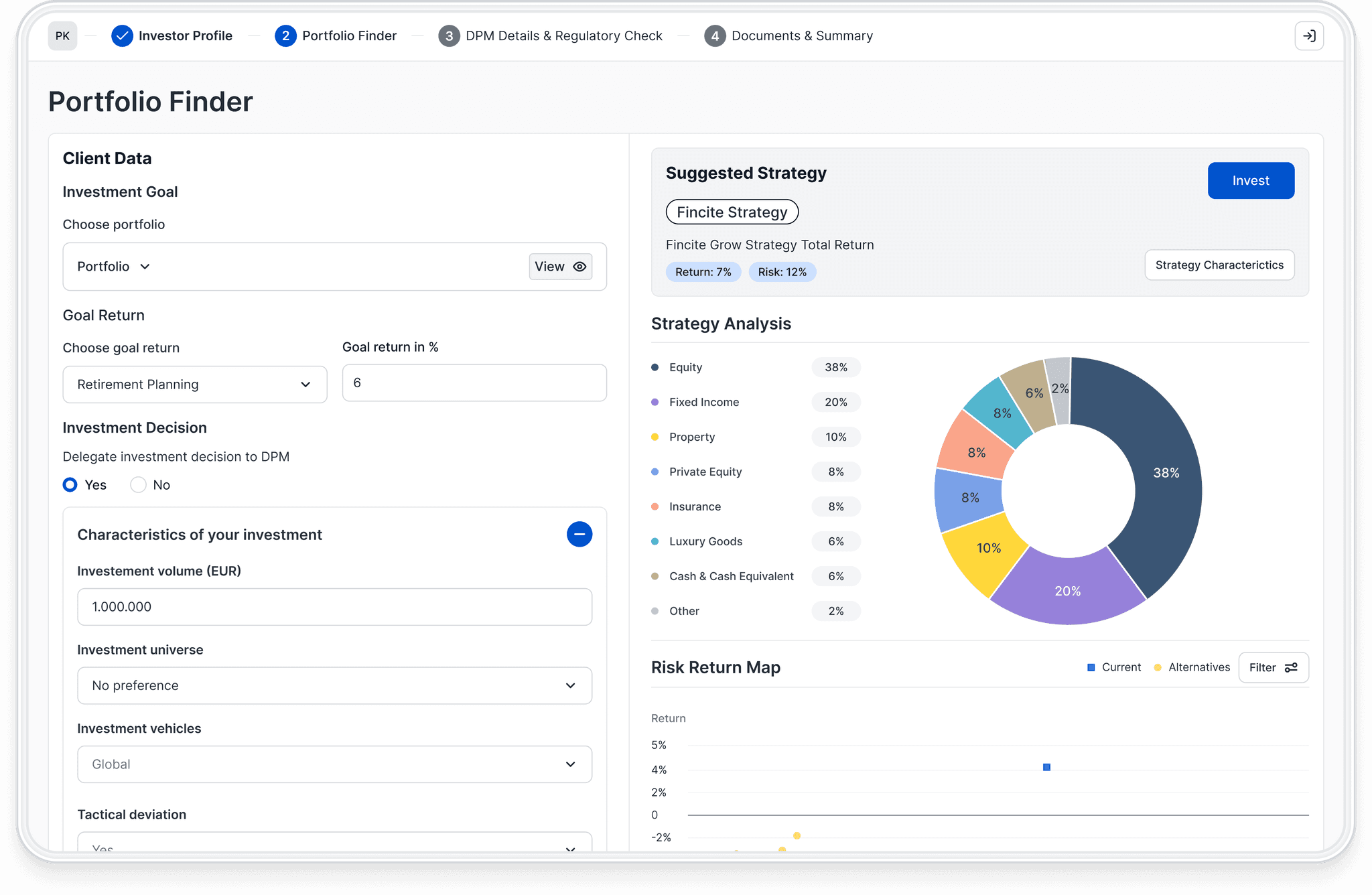 Portfolio Finder interface displaying customer data, proposed strategy, and visualizations like asset allocation and risk-return map.