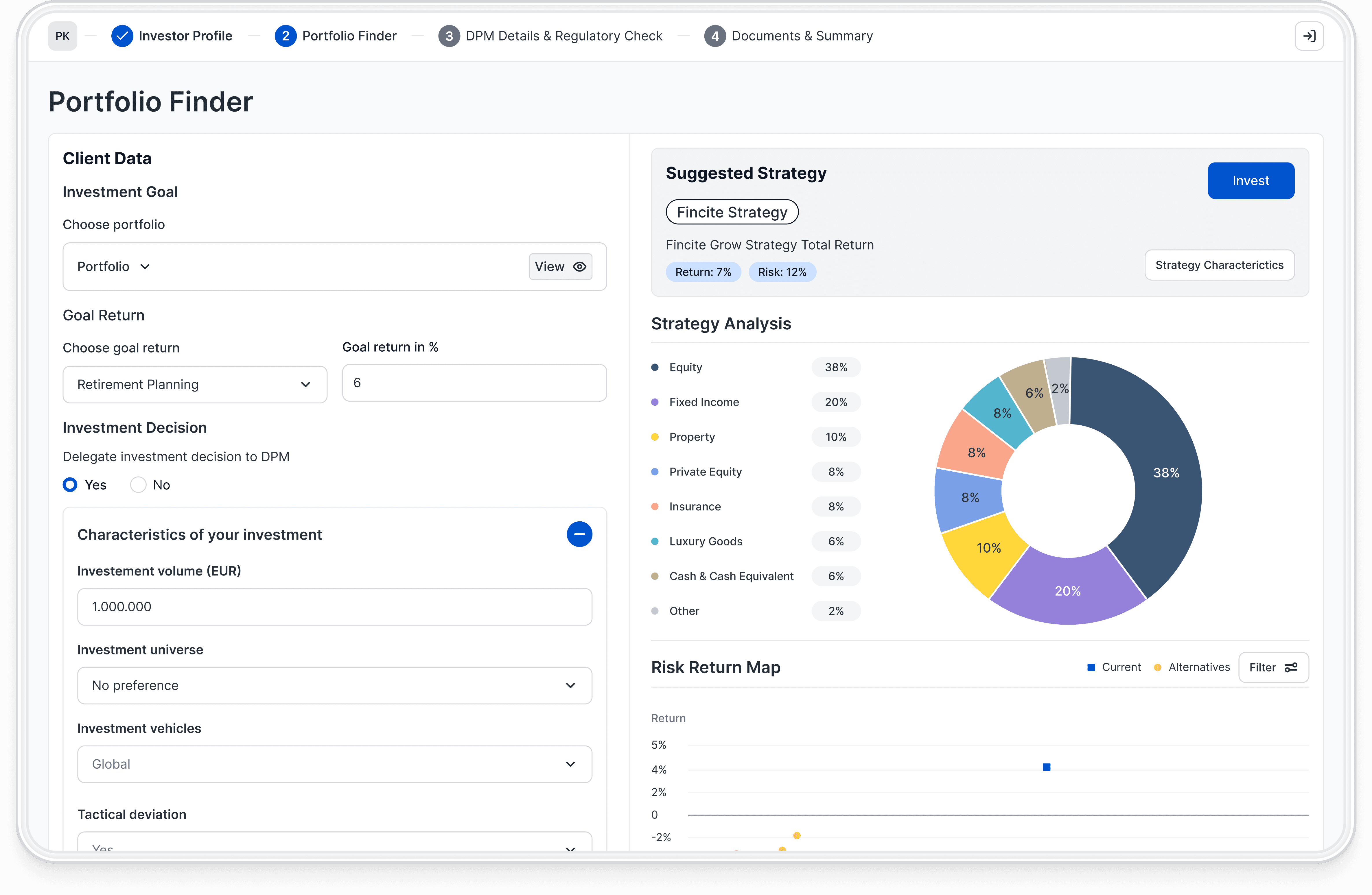 Portfolio Finder interface displaying customer data, proposed strategy, and visualizations like asset allocation and risk-return map.