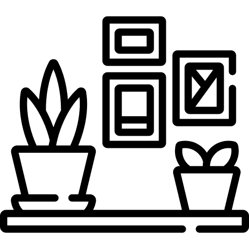 Illustration of a wall with decorations and plantes with dark line