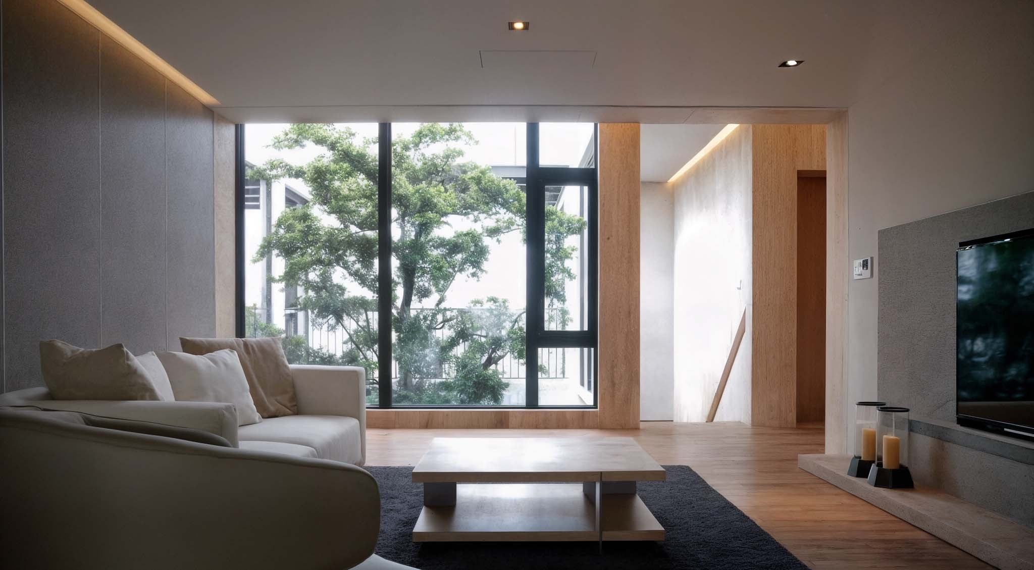 客廳以米白沙發與淺色茶几為主，大片落地窗迎來自然綠意與光線，強調室內外融合的建築理念